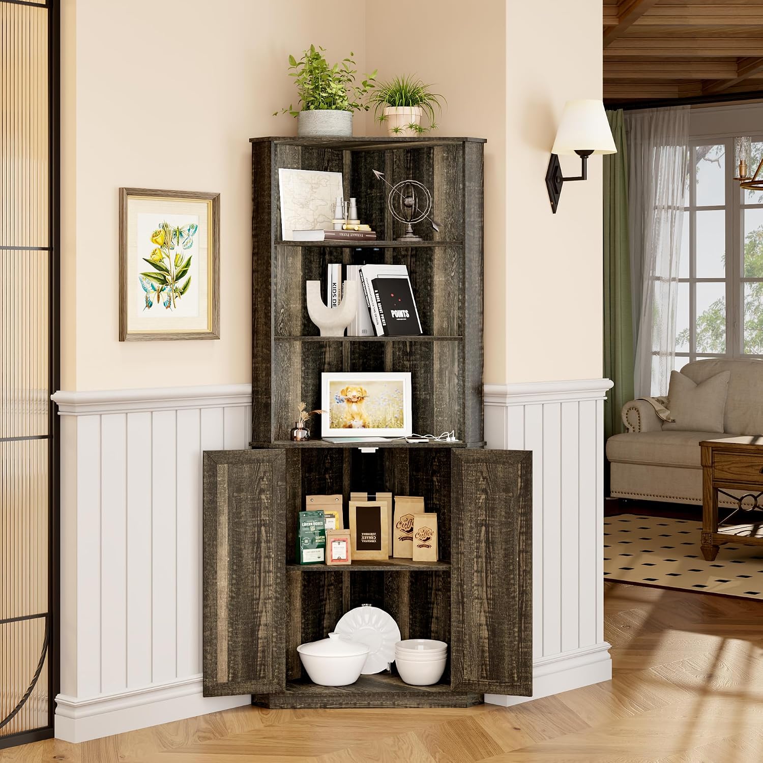 FREDEES Tall Corner Cabinet with LED Light, Farmhouse Bathroom Cabinet with 2 Doors and 3 Tier Shelves, Free Standing Corner Storage Cabinet for Laundry Room, Living Room or Kitchen, Rustic Brown