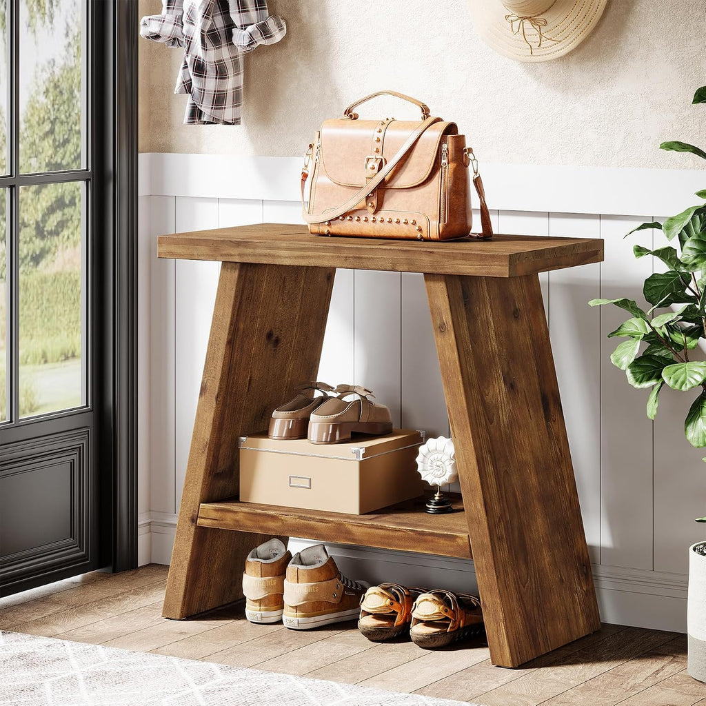 Solid Wood End Table for Living Room Set of 2, Narrow Small Side Table with 2-Tier Storage, Farmhouse Bedside Nightstand for Bedroom, Small Places, Rustic Brown (2 PCS)