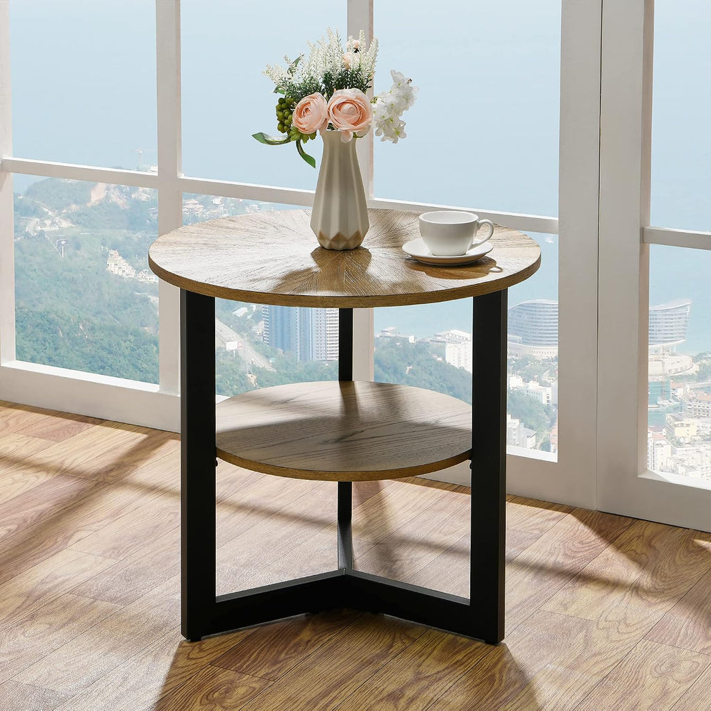 Round Large End Table with 2 tire Storage Shelf, 25.2' Solid Wood Sofa Side Table with Black Metal Frame, Beside Table for Living Room,Small Space Rustic Natural CJZ1338