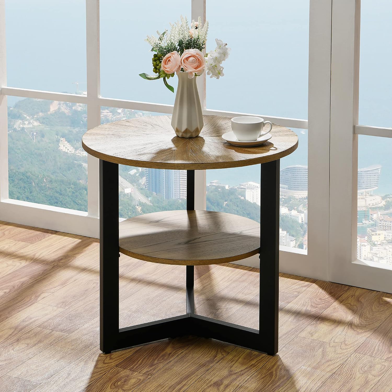 Round Large End Table with 2 tire Storage Shelf, 25.2' Solid Wood Sofa Side Table with Black Metal Frame, Beside Table for Living Room,Small Space Rustic Natural CJZ1338