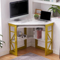 VECELO Corner Desk Computer Desk Writing Table with Smooth Keyboard Tray & Storage Shelves for Small Spaces,Compact Home Office Triangle Table,Gold & White