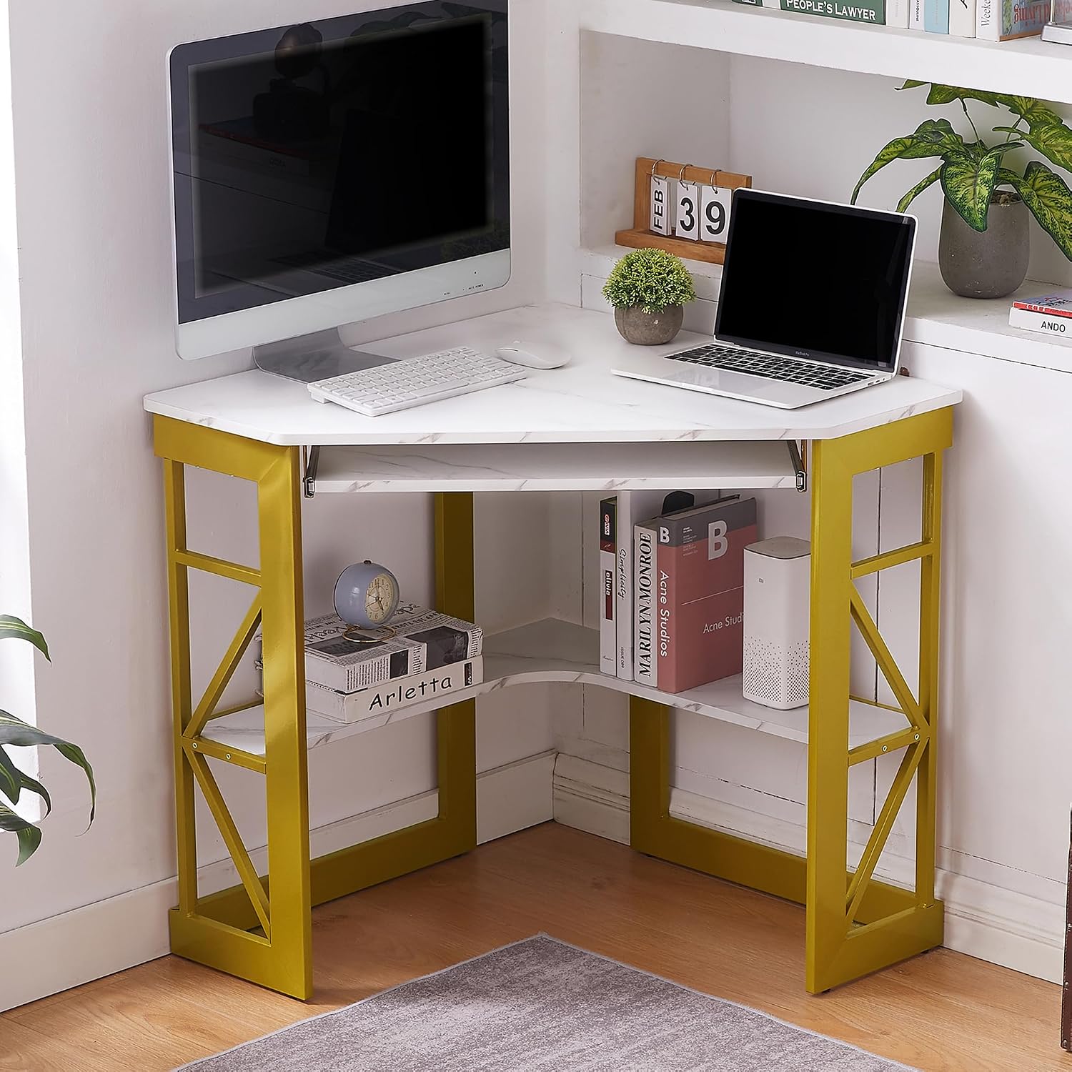 VECELO Corner Desk Computer Desk Writing Table with Smooth Keyboard Tray & Storage Shelves for Small Spaces,Compact Home Office Triangle Table,Gold & White