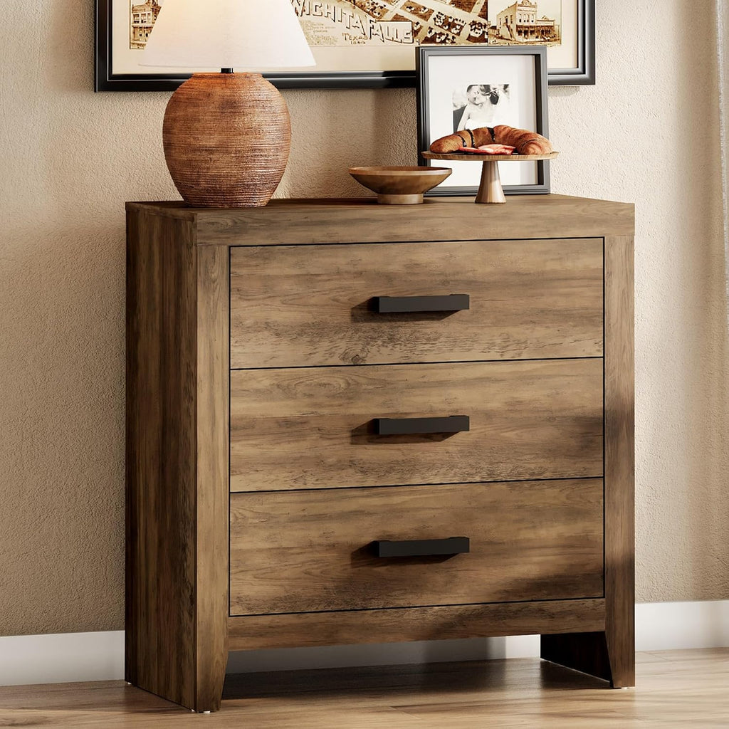 WAMPAT Farmhouse 3 Drawer Nightstand Set of 2, Large Wood Bedside Tables, 32' Wide End Tables with Storage for Bedroom, Hallway, Brown