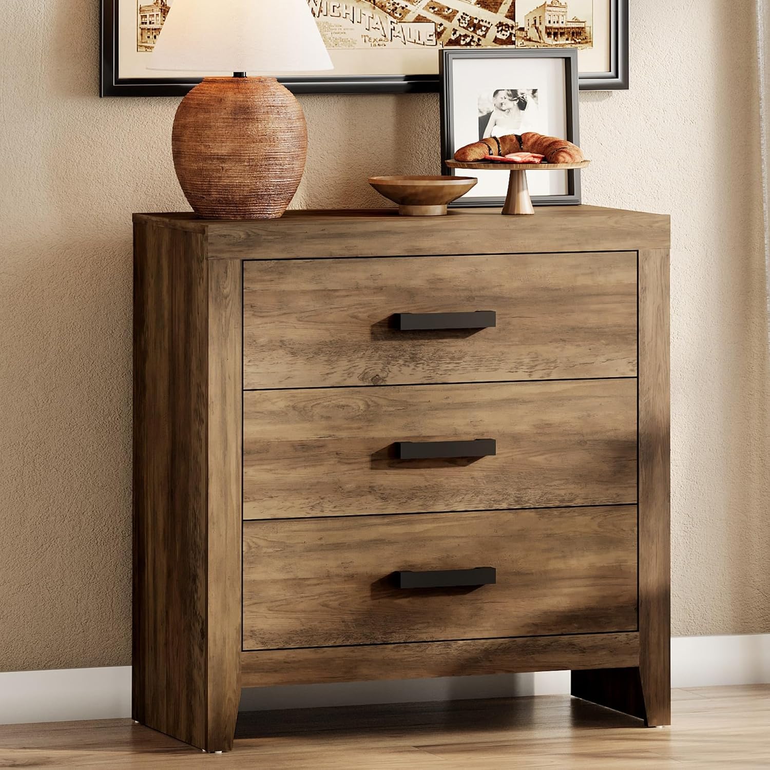 WAMPAT Farmhouse 3 Drawer Nightstand Set of 2, Large Wood Bedside Tables, 32' Wide End Tables with Storage for Bedroom, Hallway, Brown