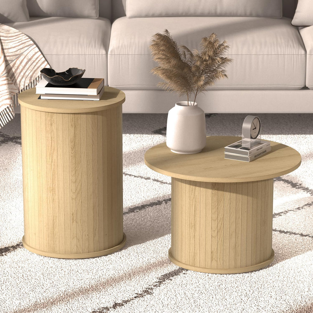 Set of 2 Round Wood Coffee Table Set for Living Room, Fluted Circle Nesting Coffee Tables for Apartment, Small Spaces, Bedroom, Modern Style, Easy Assembly & Maintenance, Oslo Oak