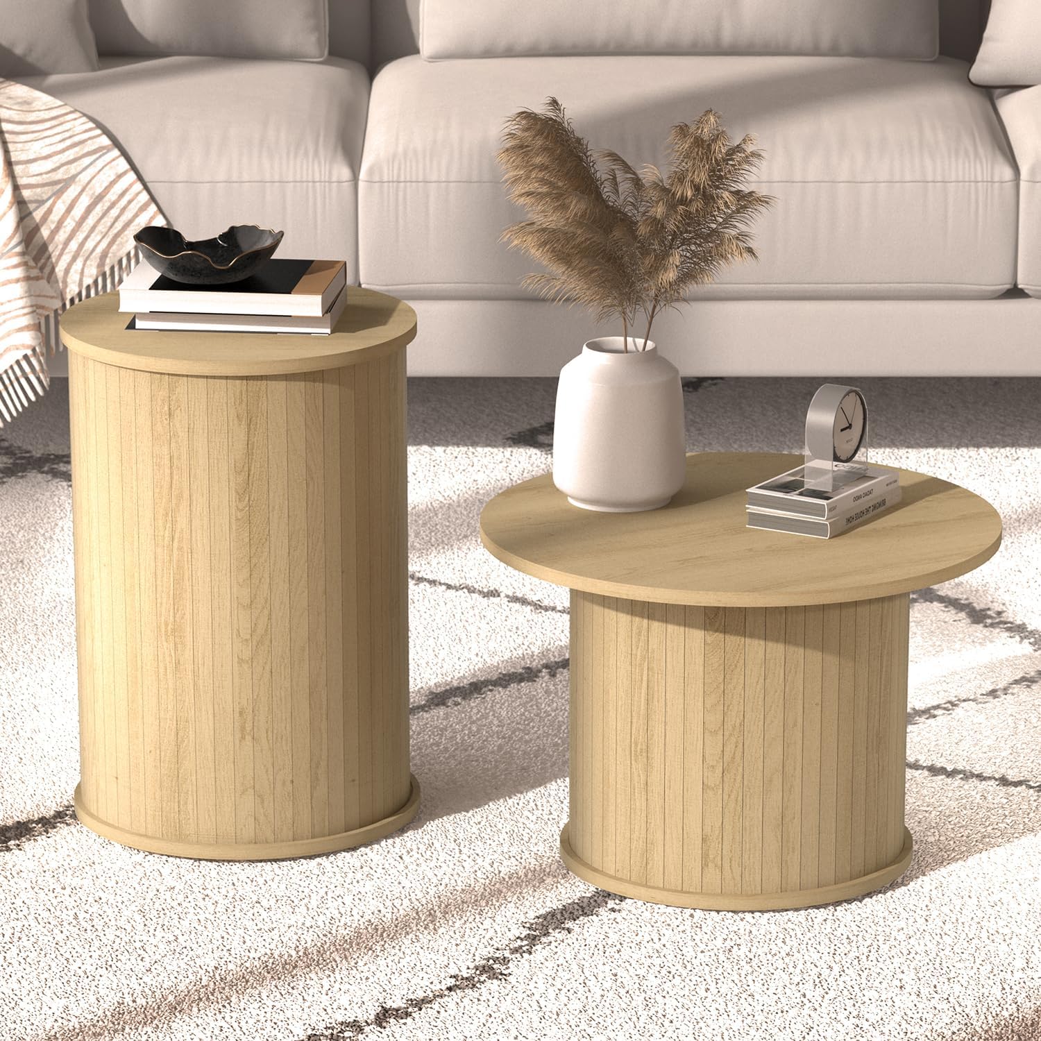 Set of 2 Round Wood Coffee Table Set for Living Room, Fluted Circle Nesting Coffee Tables for Apartment, Small Spaces, Bedroom, Modern Style, Easy Assembly & Maintenance, Oslo Oak