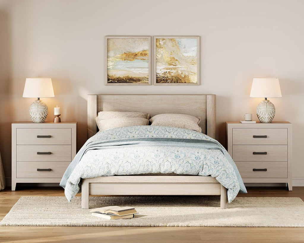 WAMPAT Farmhouse Nightstand with 3 Drawers, Large Wood Bedside Table, Wide Sofa Side End Table, Storage Organizer Chest for Living Room, Bedroom, Hallway, Beige, 32 Inches