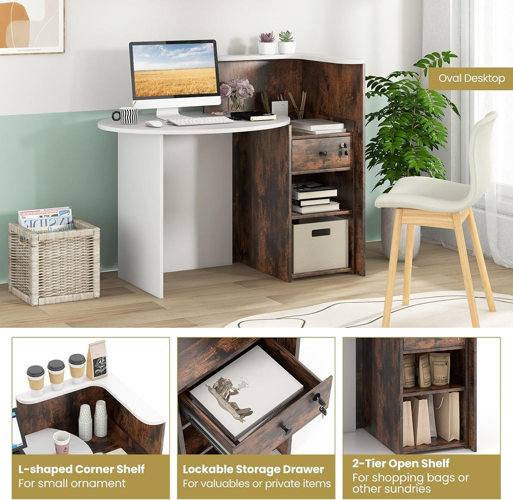 Giantex Reception Desk, Front Counter Desk with Lockable Drawer, Retail Counter Checkout Table with Round Tabletop, Corner Shelf & Adjustable Shelf for Office Beauty Salon Retail Store (Brown)