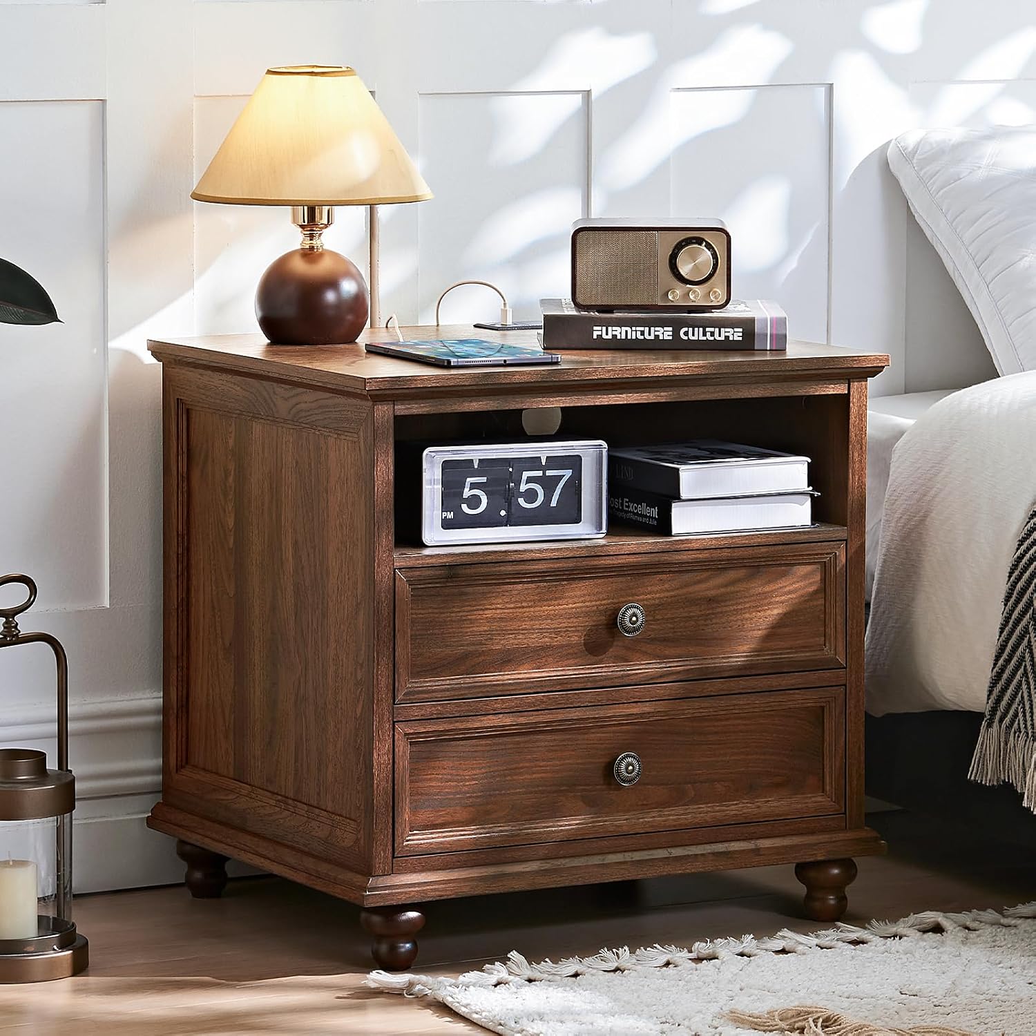 Joaxswe 24' Wide Farmhouse Nightstand Set of 2 with Charging Station,End Table with 2 Drawers,Brown Wood Dresser for Bedroom Cabinet, Bed Side Table Chest of Drawers, Night Stand for Living Room
