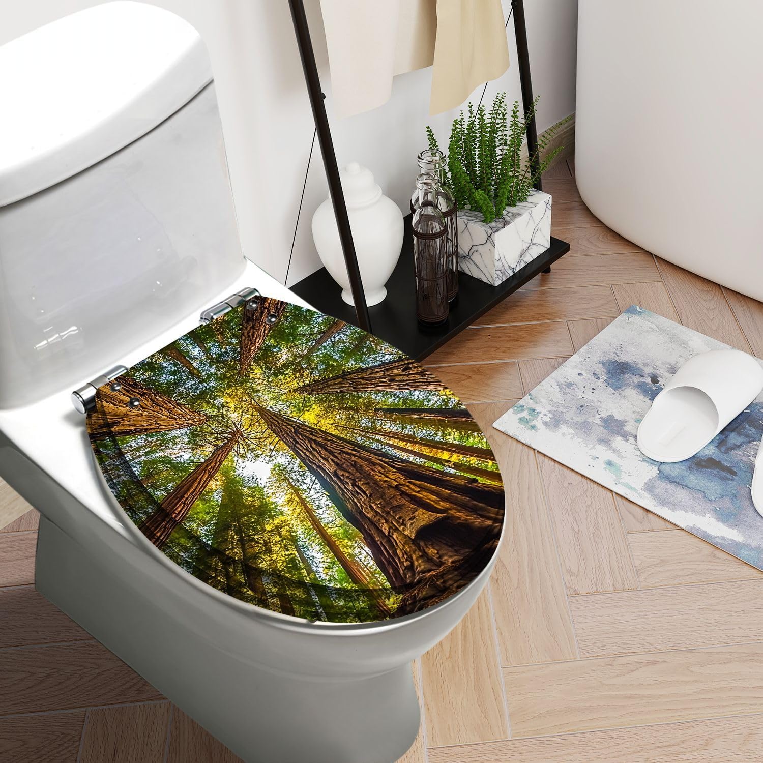 Round Toilet Seat Secuoia Forest Resin Toilet Seat Slow Quiet Close with Quick-Release Hinges Toilet Seat with Cover Easy to Clean Install