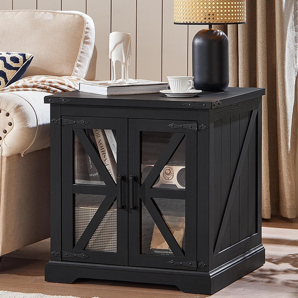 Joaxswe 24' End Table with Charging Station, Farmhouse Night Stand with Glass Barn Door, Black Nightstands with Adjustable Storage Shelf, Large Wood Square Bed Side Table for Living Room,Bedroom