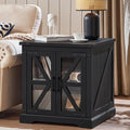 Joaxswe 24' End Table with Charging Station, Farmhouse Night Stand with Glass Barn Door, Black Nightstands with Adjustable Storage Shelf, Large Wood Square Bed Side Table for Living Room,Bedroom