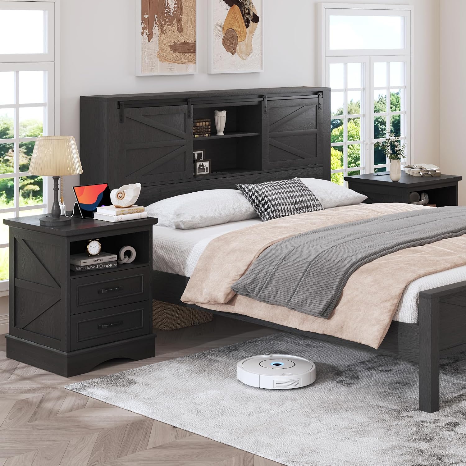 Fluest 24' Tall Farmhouse Nightstands Set of 2, Night Stands with Fast Charging Station, Beside Tables with Drawers and Open Storage, Rustic End Tables for Bedroom, Antique Black