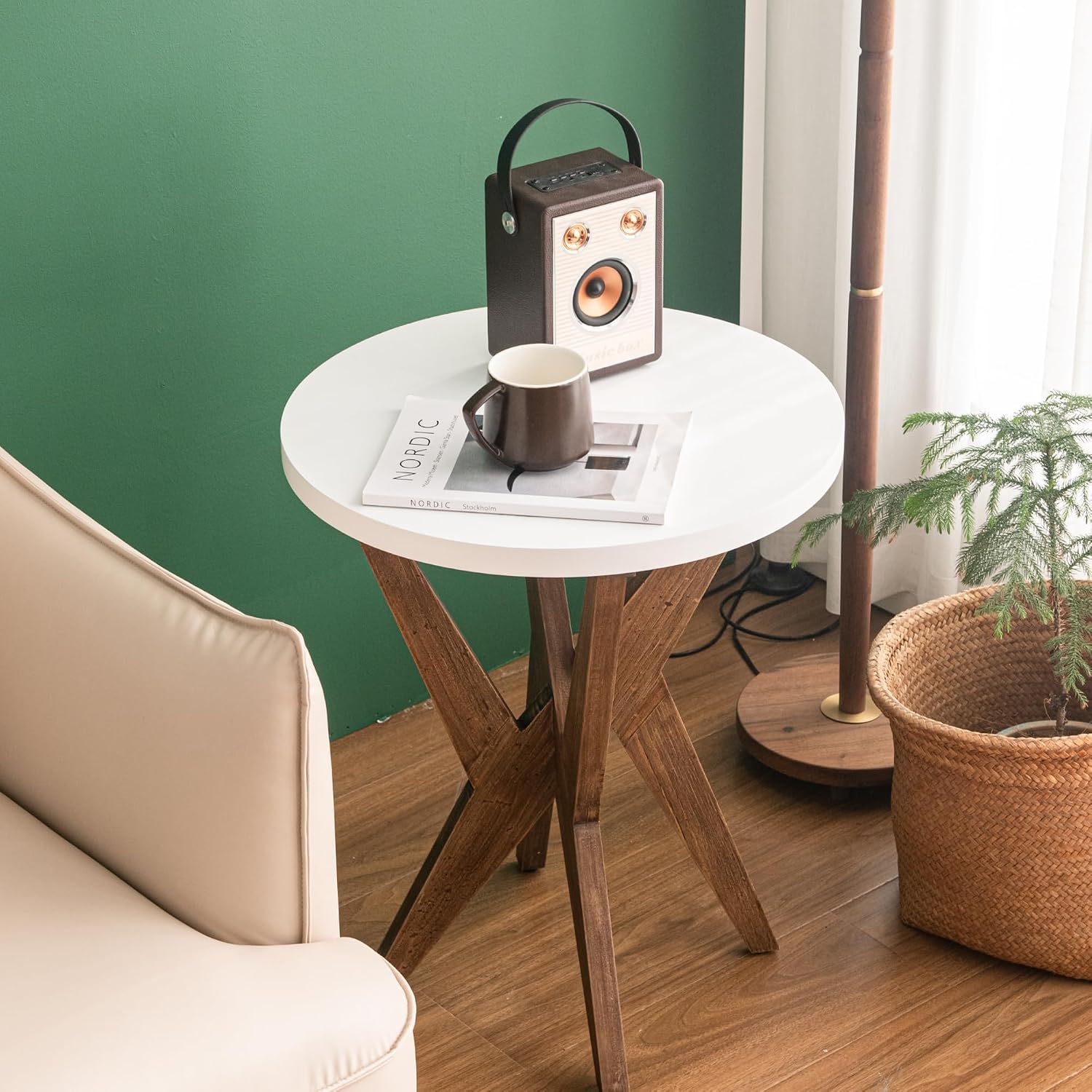 Ahokua Farmhouse Round End Table Set of 2 with MDF Top and Crossed Legs, Boho Small Side Table for Living Room, Balcony, Small Spaces, Easy Assembly Bedside Table