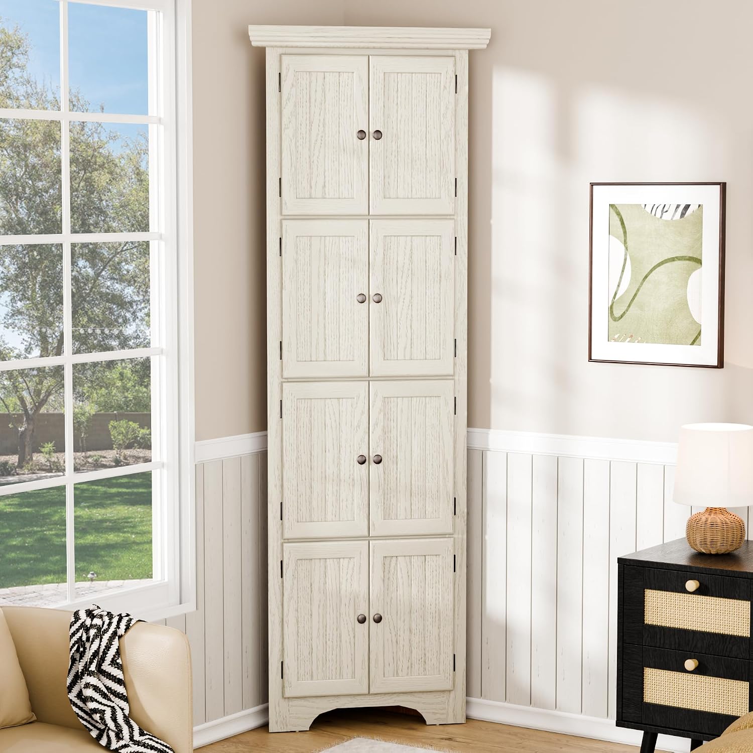 4 Tier Farmhouse Corner Storage Cabinet, 72' H Kitchen Pantry Cabinet with 8 Doors & 4 Shelves, Home Space Saver for Kitchen, Office, Living Room, White