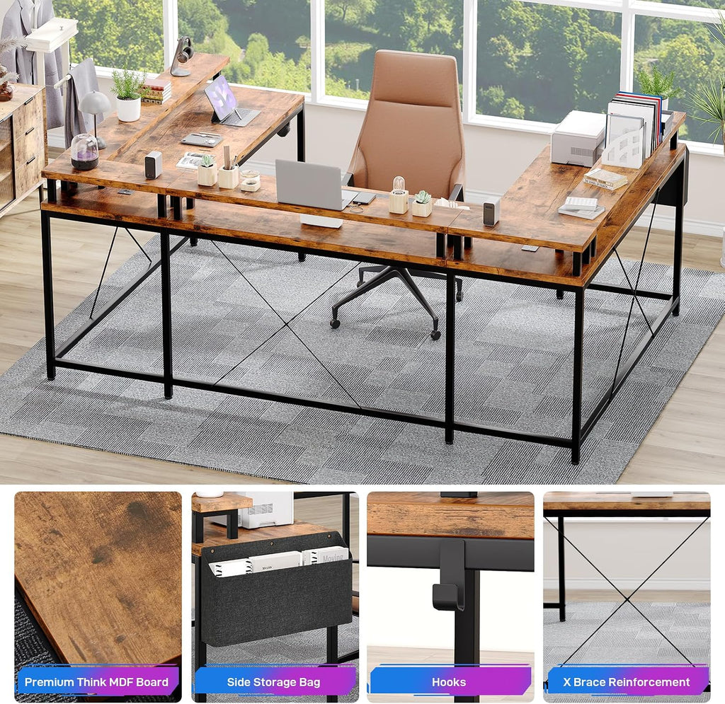 Jojoka U Shaped Computer Gaming Desk, Reversible L Shaped Desk with Power Outlets, LED Strip & Monitor Stand, Large Corner Desk with Storage Shelves for Home Office, Rustic Brown
