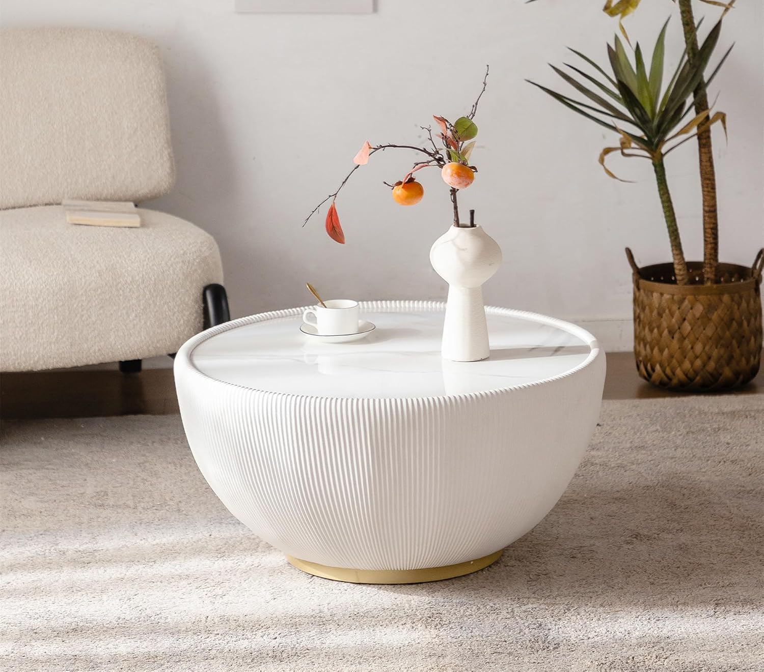 Modern Round Coffee Table Luxury Sintered Stone Top Coffee Table in Cream White Leatherette Creative Bowl-Shape Cocktail Center Table for Living Room Bedroom,Fully Assembled