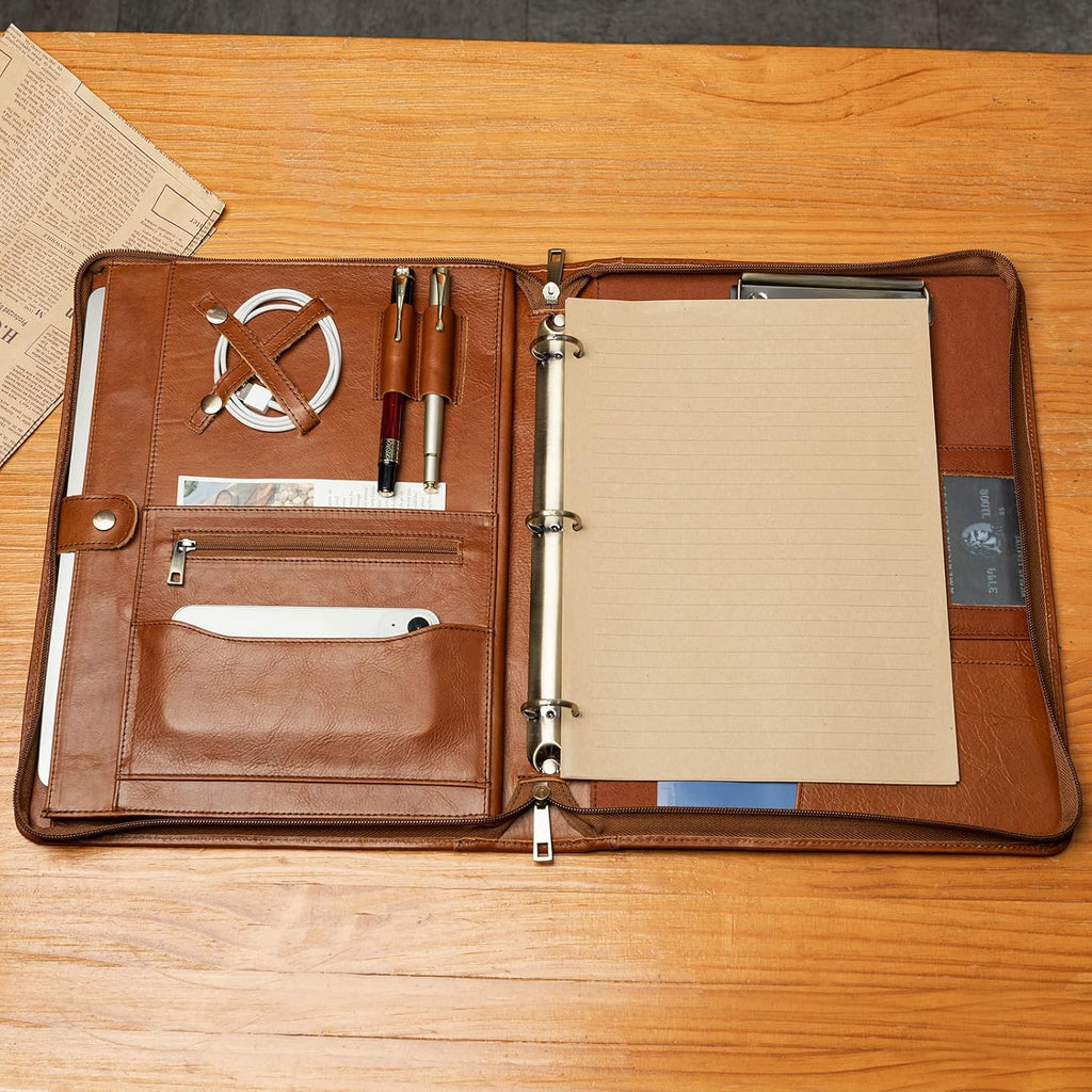 YIWEN Personalized Leather Portfolio with Handle, 3 Ring Binder, Zippered Padfolio for 13' Tablet, 8.5 x 11 Notepad, Professional Business Document Organizer (Brown, Oil Wax Leather)