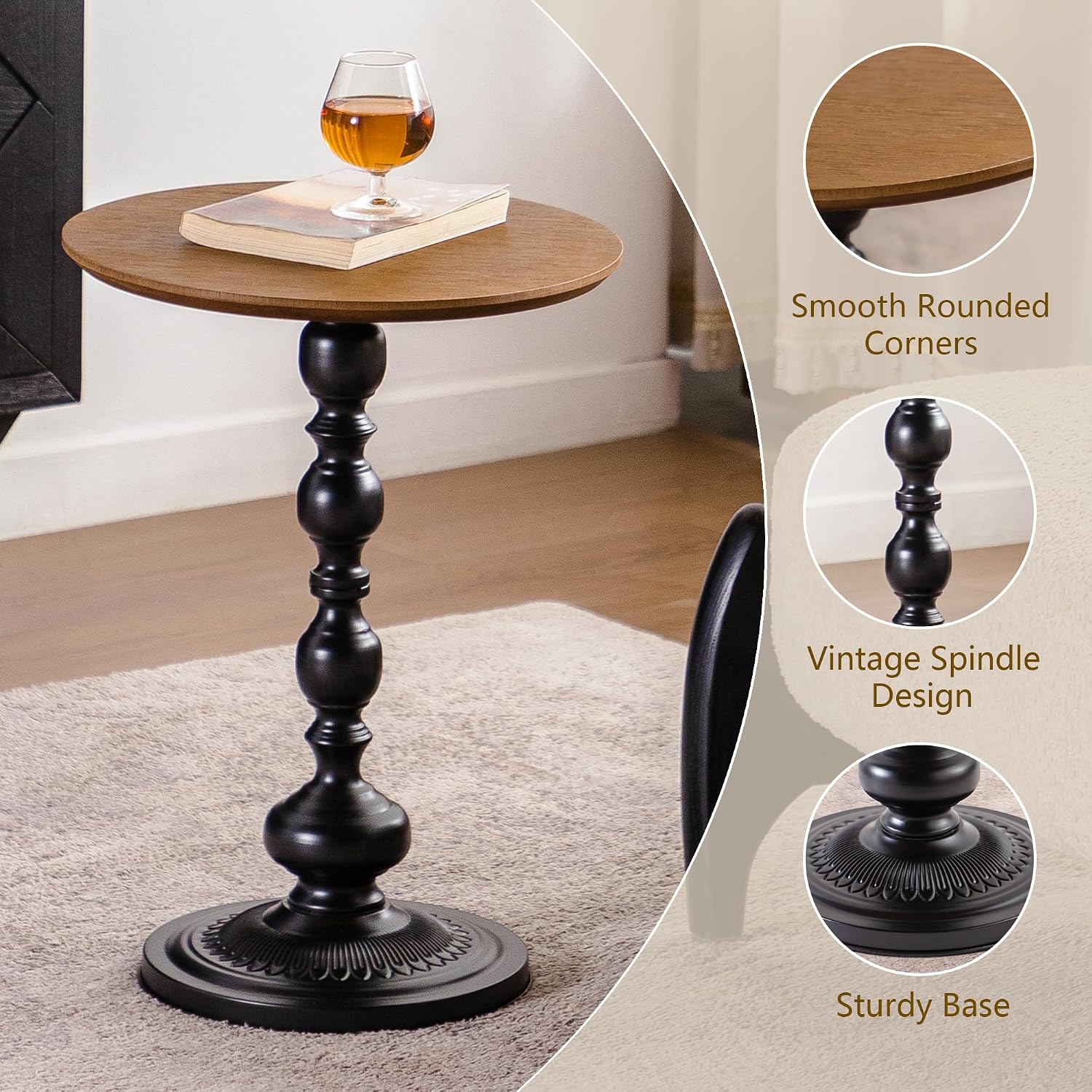 Round End Table, Framhose Small Side Table with Wood Top and Black Base, Pedestal Table for Living Room Corners Bedroom Patio and Bar（20' Hight）