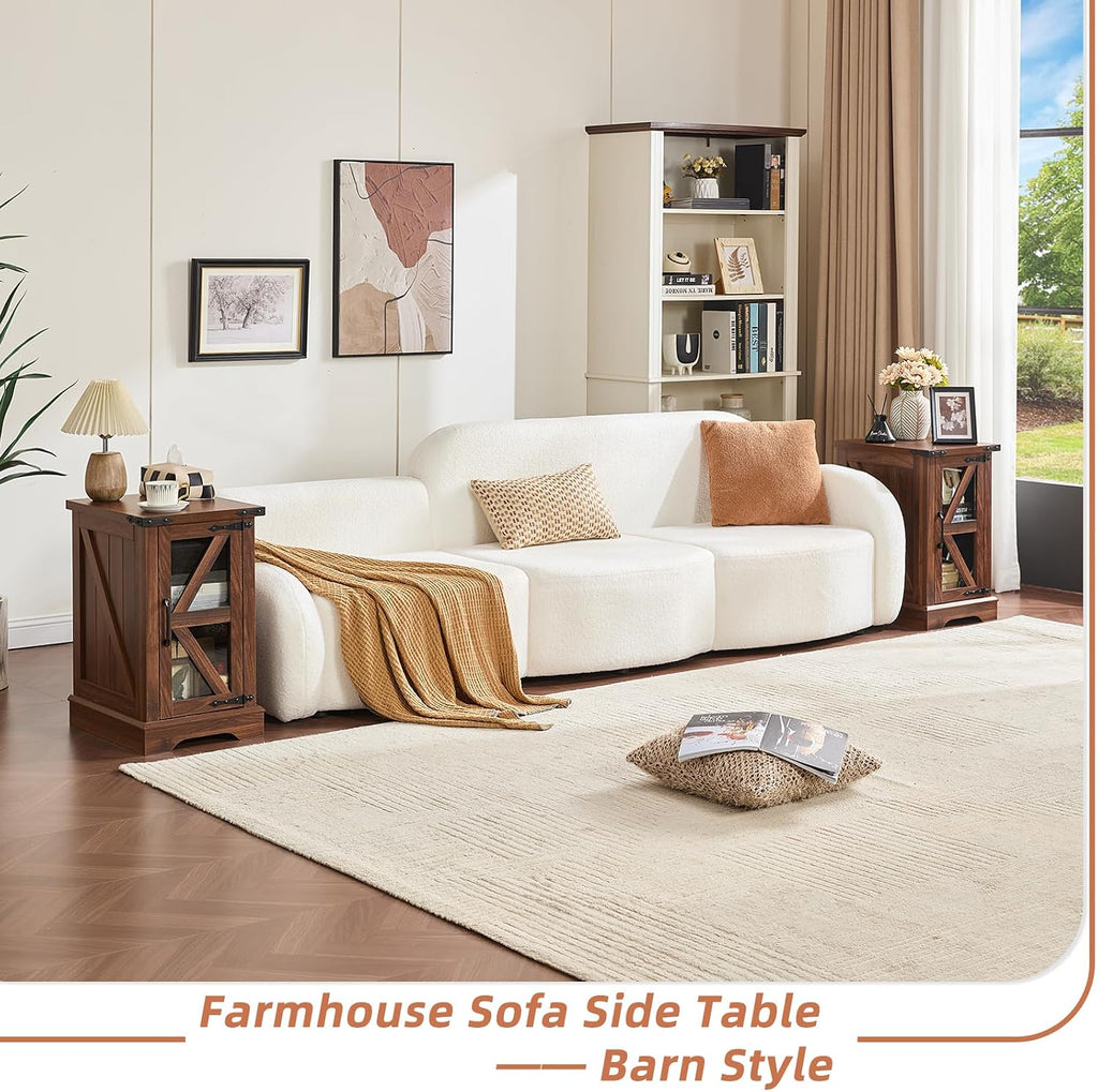 Joaxswe Farmhouse Coffee Table Sets 3 Pieces, 24'' End Table with Charger and Narrow 14'' Nightstand w/Glass Barn Door, Large Coffee Tables with Hidden Storage Organizer, Living Room Sets