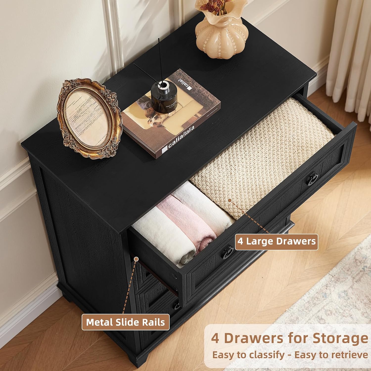 Joaxswe Farmhouse 4 Drawer Dresser for Bedroom Set of 2, 35' Tall Small Dressers & Chest of Drawers, Rustic Wood Dresser with Metal Handle, Storage Organizer Closet for Living Room, Hallway, Entryway
