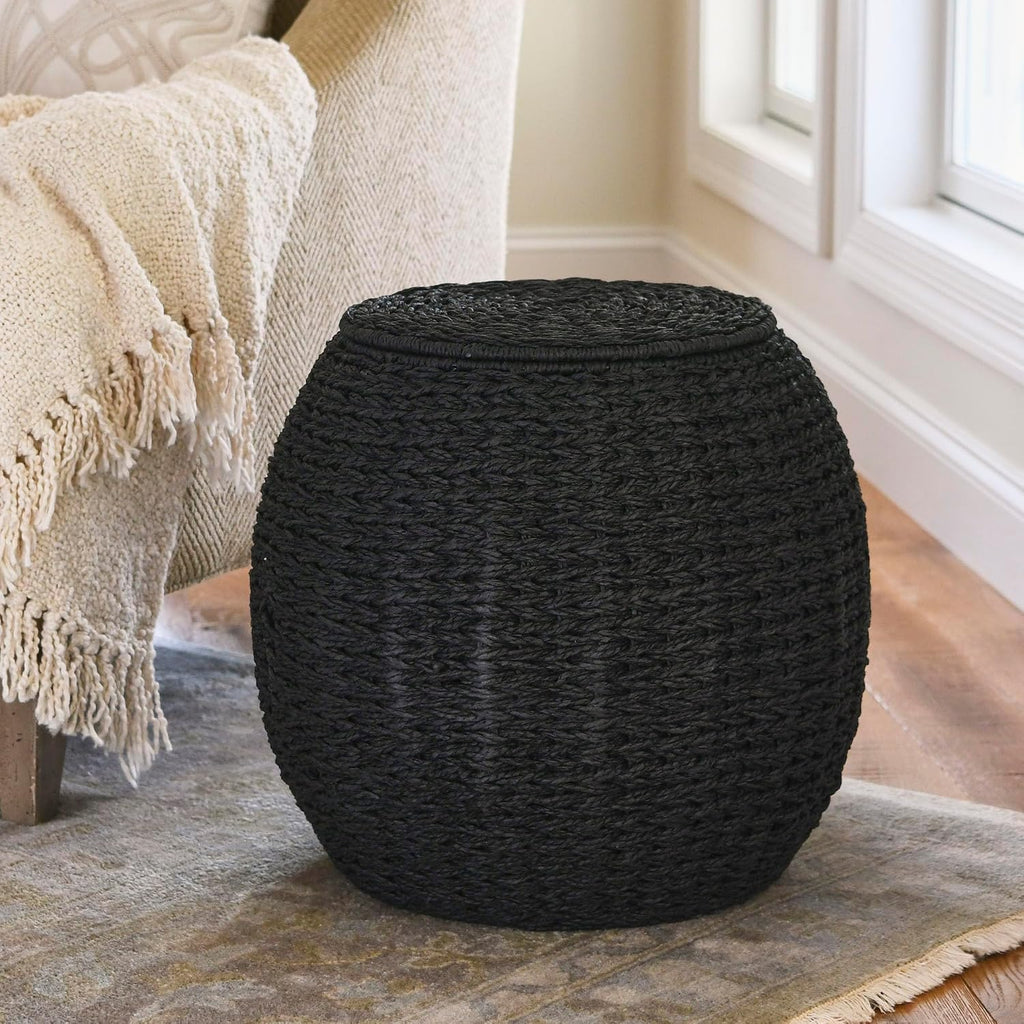 Household Essentials Handwoven Paper Rope Barrel Wicker Storage Basket Side Table, Black