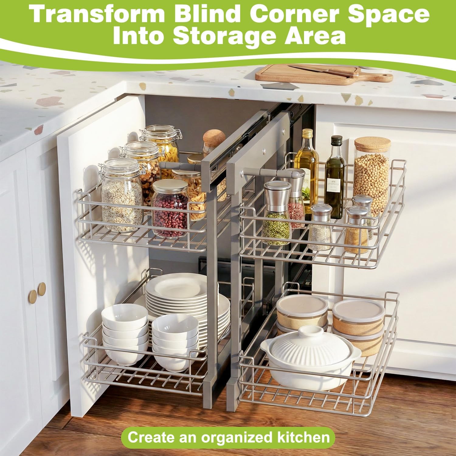 Blind Corner Pull Out Organizer for 36' Cabinet Left Open & Right Open Compatible 2 Tier 4 Shelves Adjustable Height