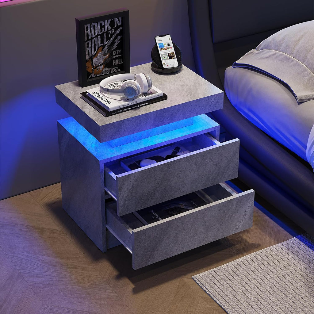 LED End Table Set of 2 Modern Bedside Table with Storage End Tables Bedroom with 2 Drawers for Bedroom Living Room All Grey