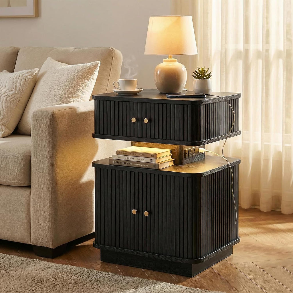 Set of 2 LED Light End Table with Charging Station, Black Mid Century Bedside Table with USB Type A C Ports, Small Fluted Accent TV Control Nightstand with Sliding Door for Living Room, Curvy Edge