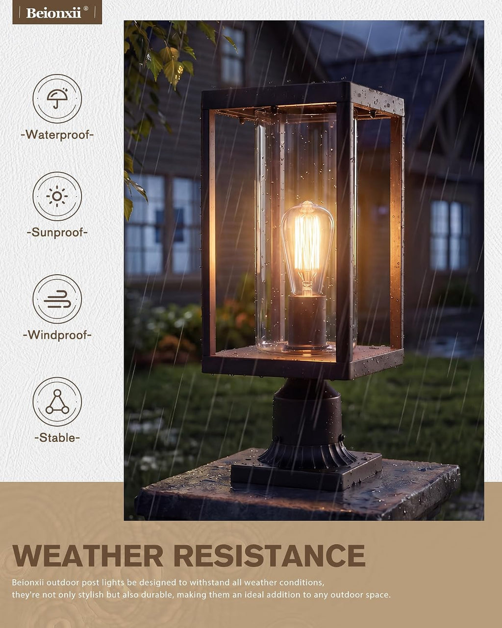 Beionxii Outdoor Post Lights, 20in Post Lantern with Pier Mount Base, Aluminum Street Lights with Glass, Fence Post Deck Lighting for Garden, Patio, Pathway, BXA291-P-2PK-ORB (NOT Solar, 110-120V AC)