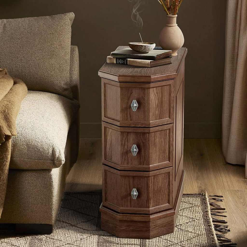 Nightstand Set of 2 with Charging Station, Vintage Wood End Table with 3 Drawer, Victoria Narrow Side Table, Slim Bedside Tables for Bedroom, Pre-Installation, Brown