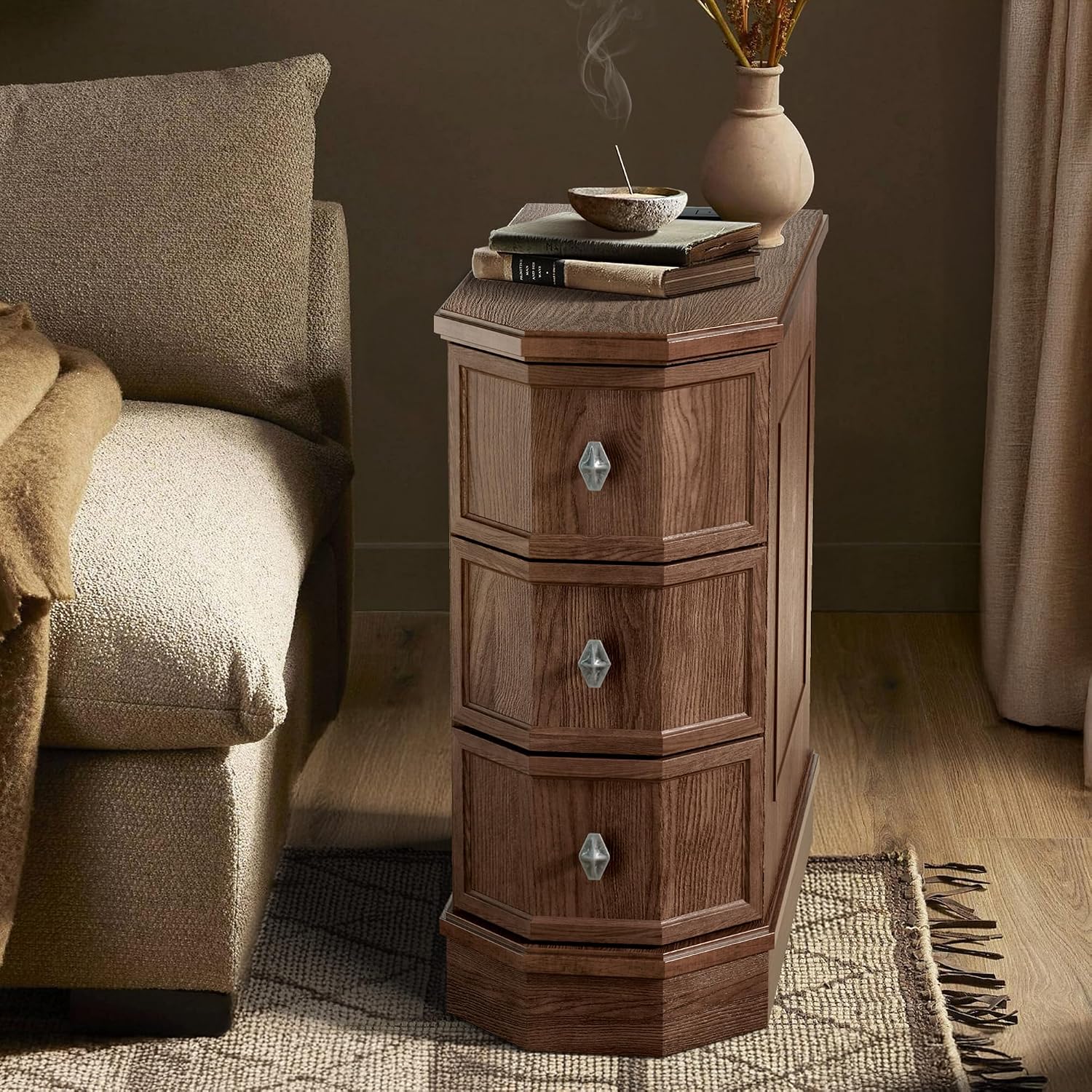 Nightstand Set of 2 with Charging Station, Vintage Wood End Table with 3 Drawer, Victoria Narrow Side Table, Slim Bedside Tables for Bedroom, Pre-Installation, Brown