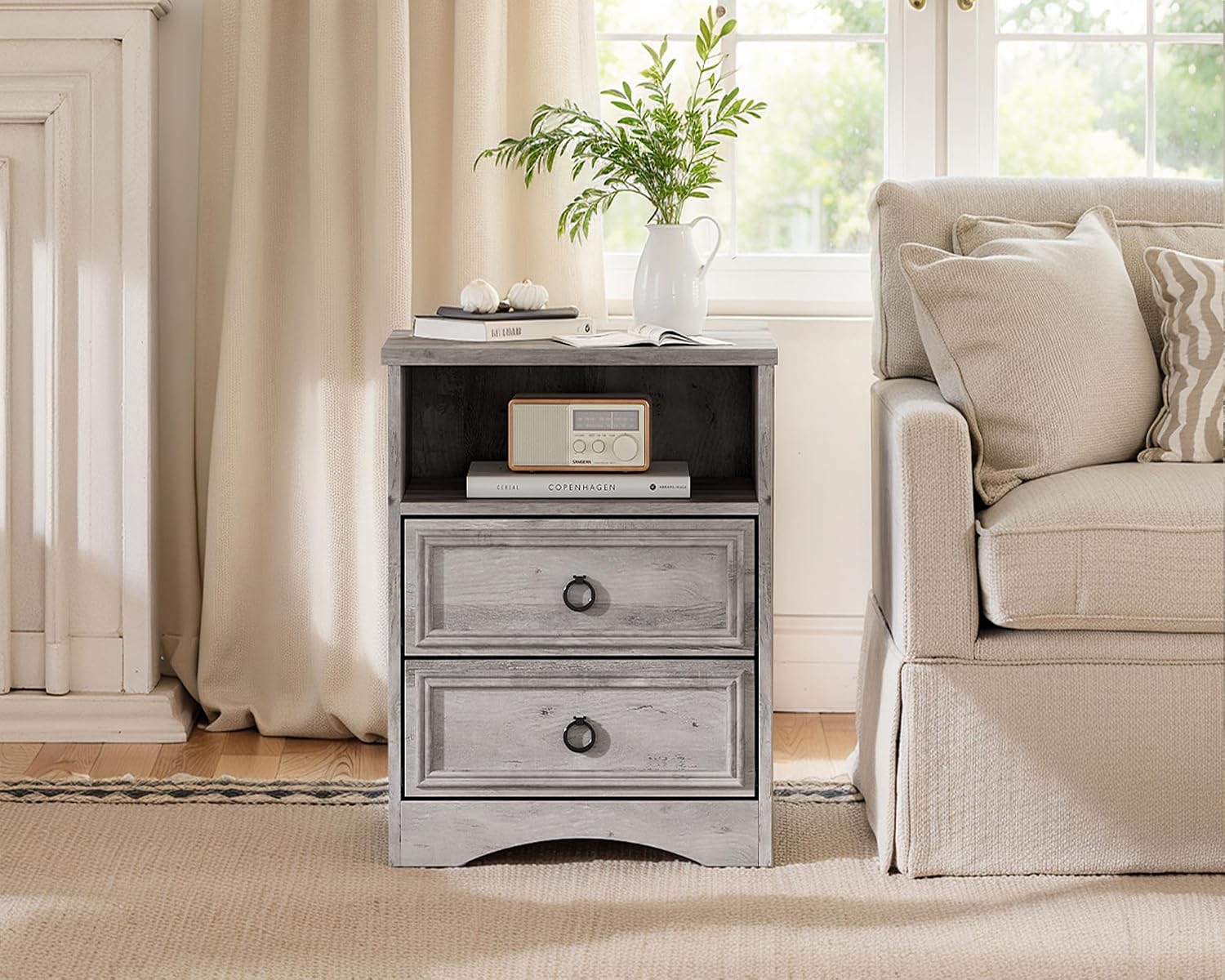 Set of 2 Nightstand with 2 Drawers, 18'W Night Stand with Drawers for Bedroom, Large Accent Bed Side Table and End Table with Open Compartment-Easy Pull Handle, Textured Border for Living Room,Gray