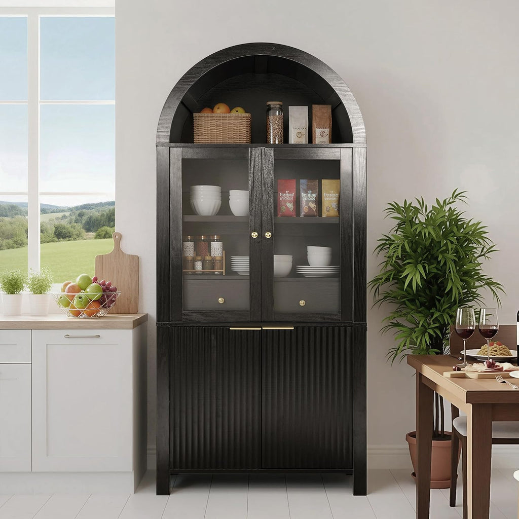 71' Tall Arched Kitchen Pantry Organizers with Drawer,Glass Door,Door Racks, Fluted Hutch Cabinet with Storage & Adjustable Shelves,Cupboard Buffet Cabinet for Living Room, Coffee Bar Corner(Black)