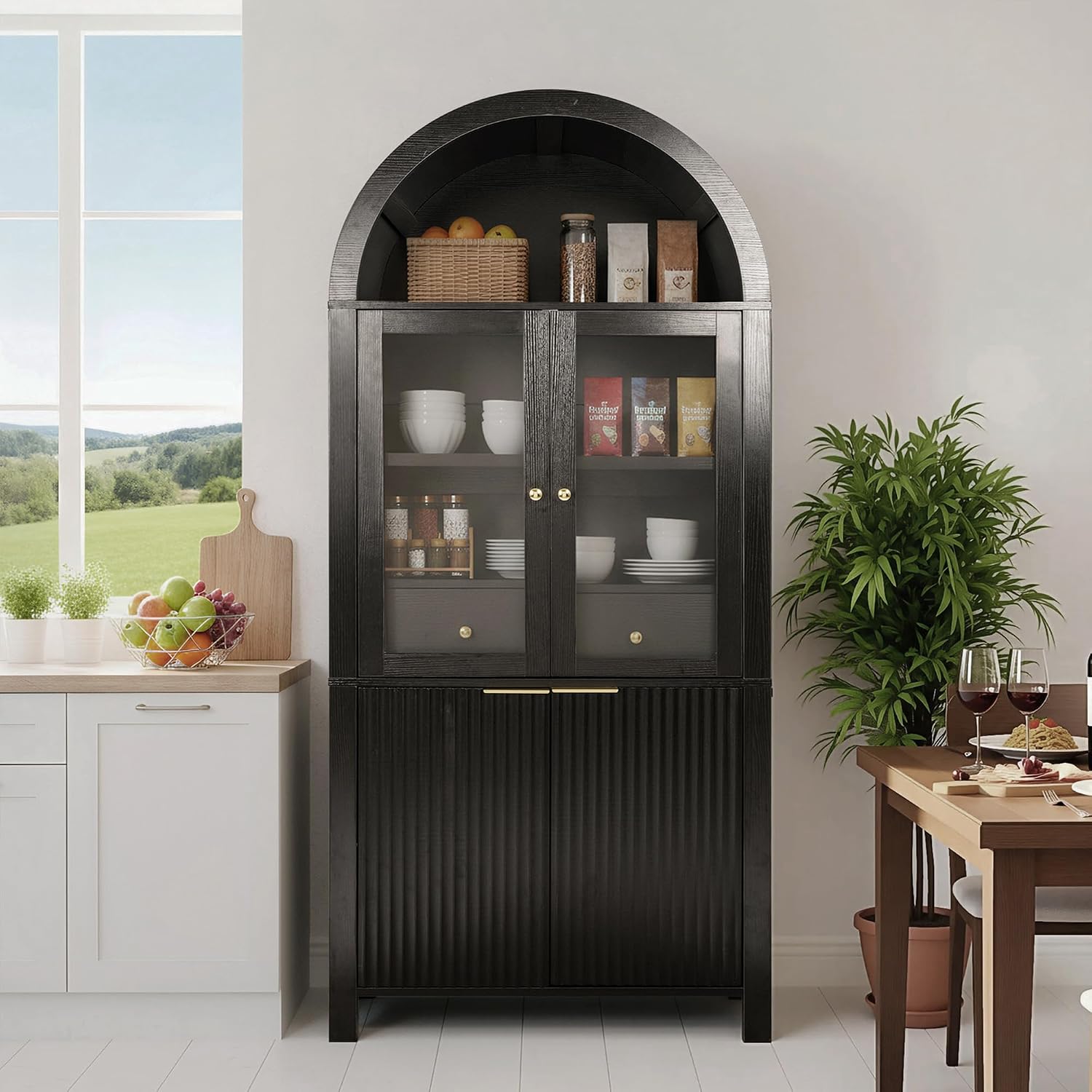 71' Tall Arched Kitchen Pantry Organizers with Drawer,Glass Door,Door Racks, Fluted Hutch Cabinet with Storage & Adjustable Shelves,Cupboard Buffet Cabinet for Living Room, Coffee Bar Corner(Black)
