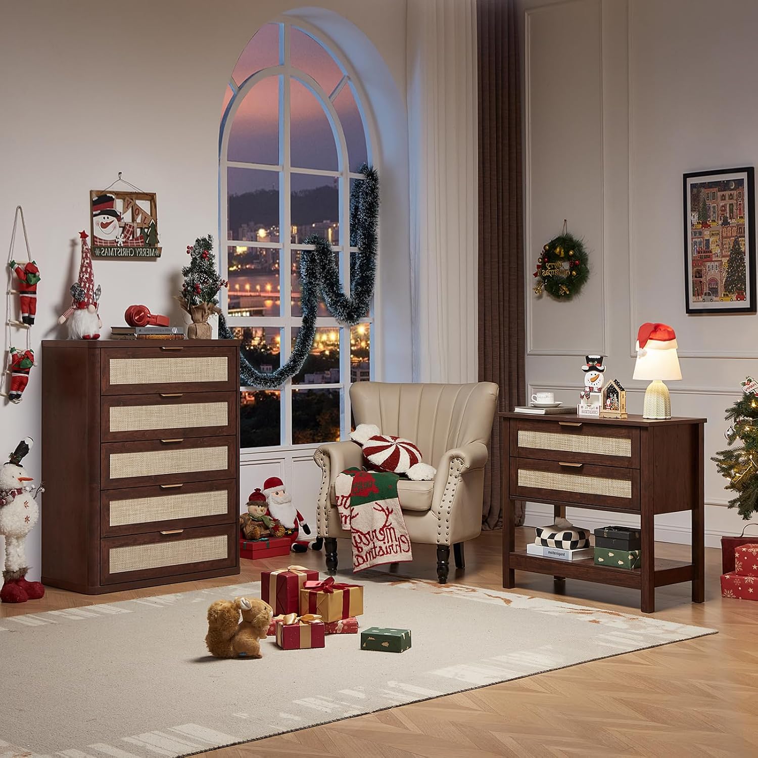 LEYAOYAO 31.5' Wide Rattan Night Stand, Large Boho Nightstand, Bedside Table with Storage, Tall Bed Side End Tables, Chest of Drawers for Bedroom, Living Room, Hallway（Walnut,2 Drawers,2）