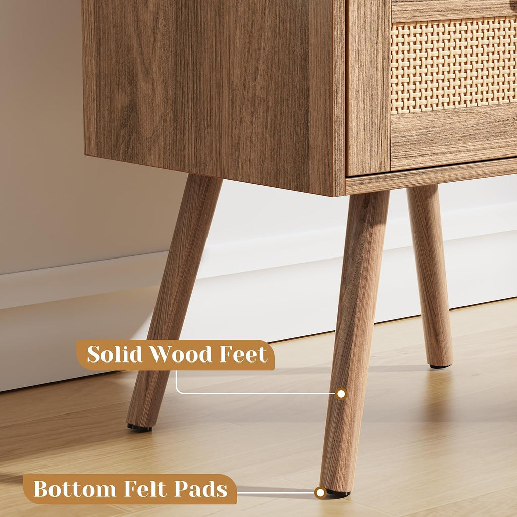 SUPERJARE Nightstands Set of 2, Night Stands with Charging Station & PE Rattan Decor Drawer, Bed Side Tables with Solid Wood Feet, End Table, for Bedroom, Living Room, Walnut