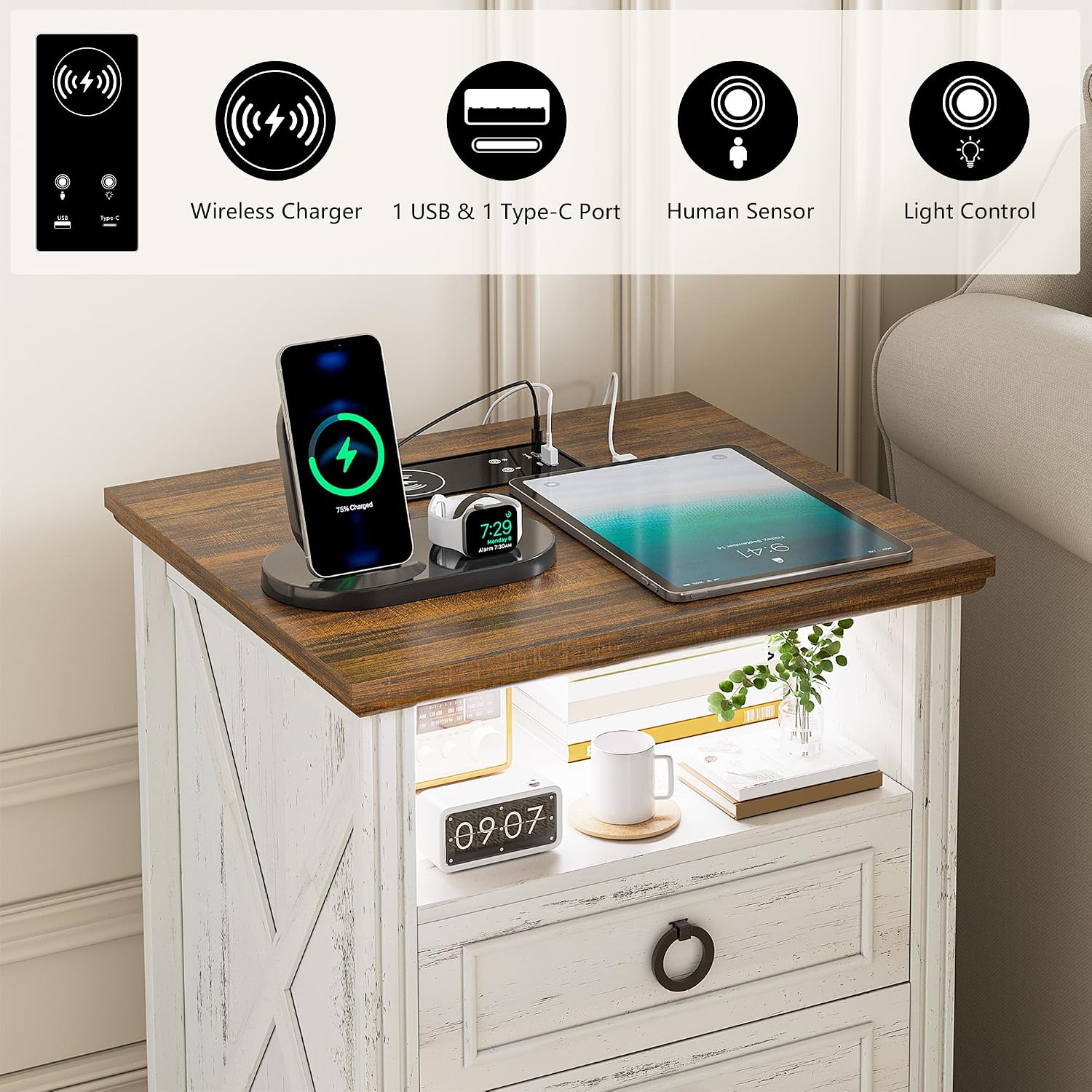 Nightstand Set 2 with Charging Station, Farmhouse End Side Table with 3 Drawers and Open Storage, Smart Bedside Table with LED Light & Human Sensor for Bedroom, Living Room,White,Chest