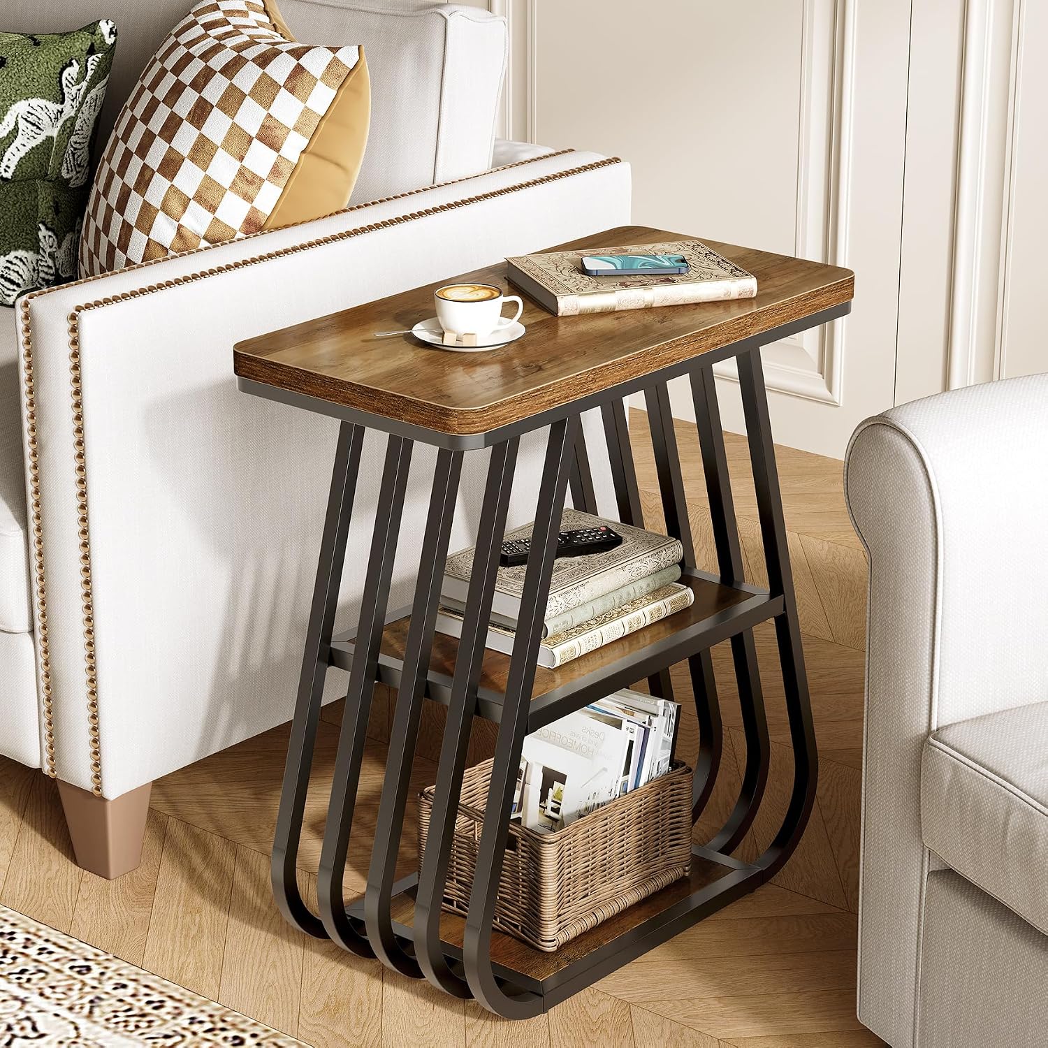 LITTLE TREE End Table for Living Room, 3-Tier Side Table for Small Spaces, Industrial Narrow Side Table with Storage Shelf in Oak Brown and Black (Set of 2)