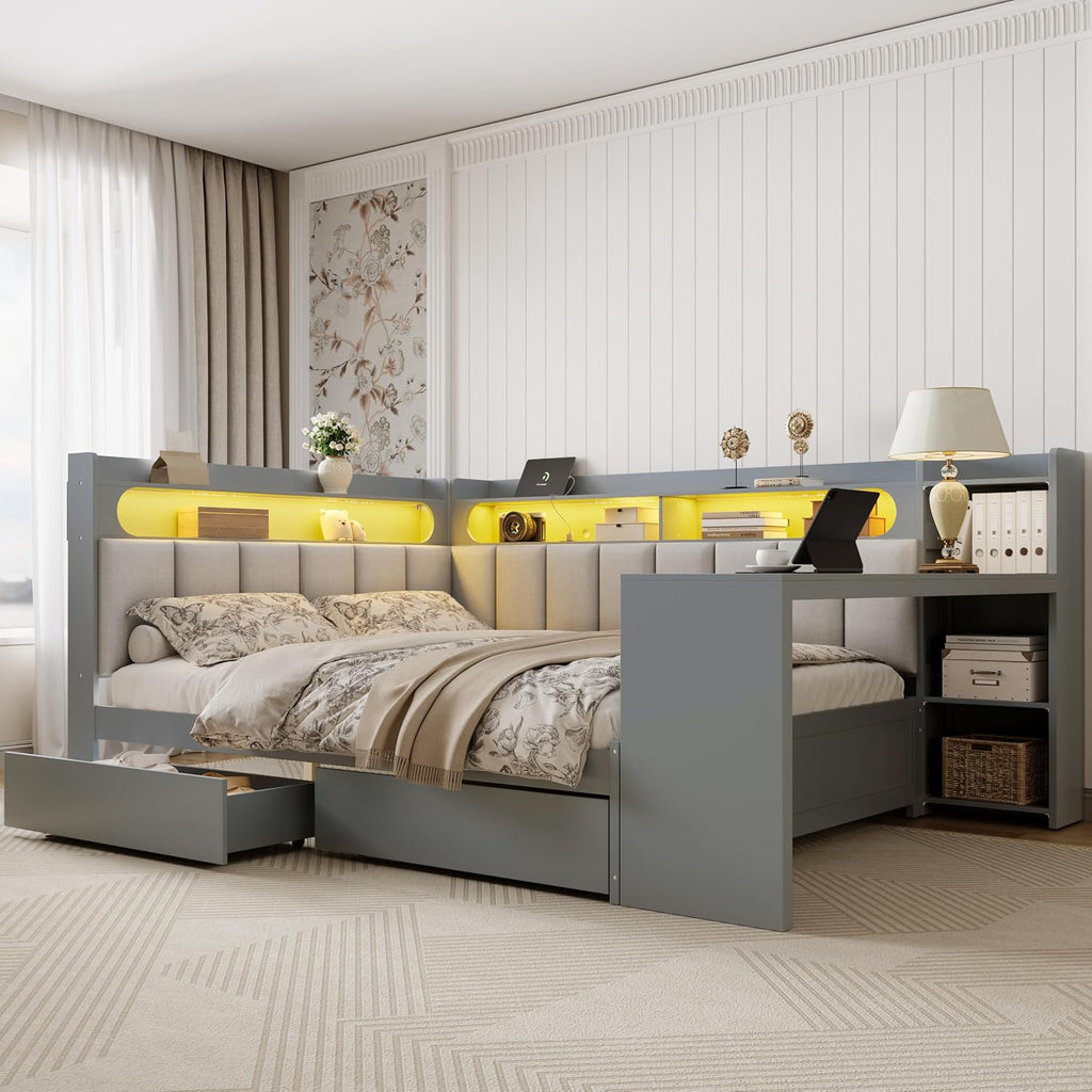 Merax Full Size Daybed Sofa Bed with Desk, 2 Drawers and Linen Upholstered Headboard and Backrest for Kids, Teens or Adults, Gray Wooden Corner Bed Platform Bed with Shelves, USB and Light