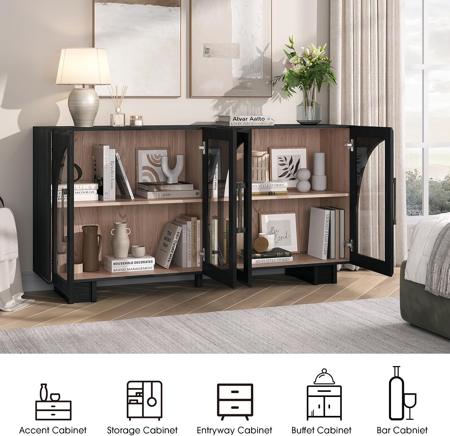 JOINICE Sideboard Buffet Cabinet with Storage,63' Modern Accent Console Cabinet with Glass Doors,Arched Credenza Storage Cabinet with Adjustable Shelves for Entryway,Kitchen,Black