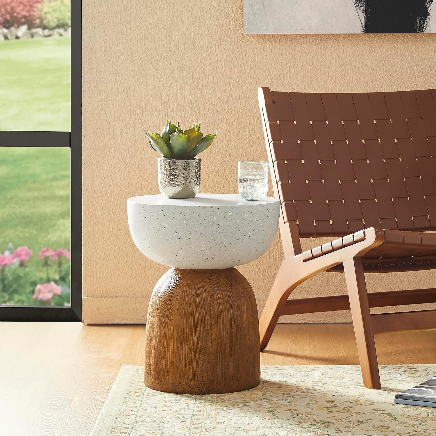 Glitzhome Outdoor Side Table Set of 2, 17.75' H Decorative Garden Stool MGO Geometric Wood Texture End Table, Round Planter Stand for Indoor Outdoor Living Room Bedroom Patio Deck Poolside