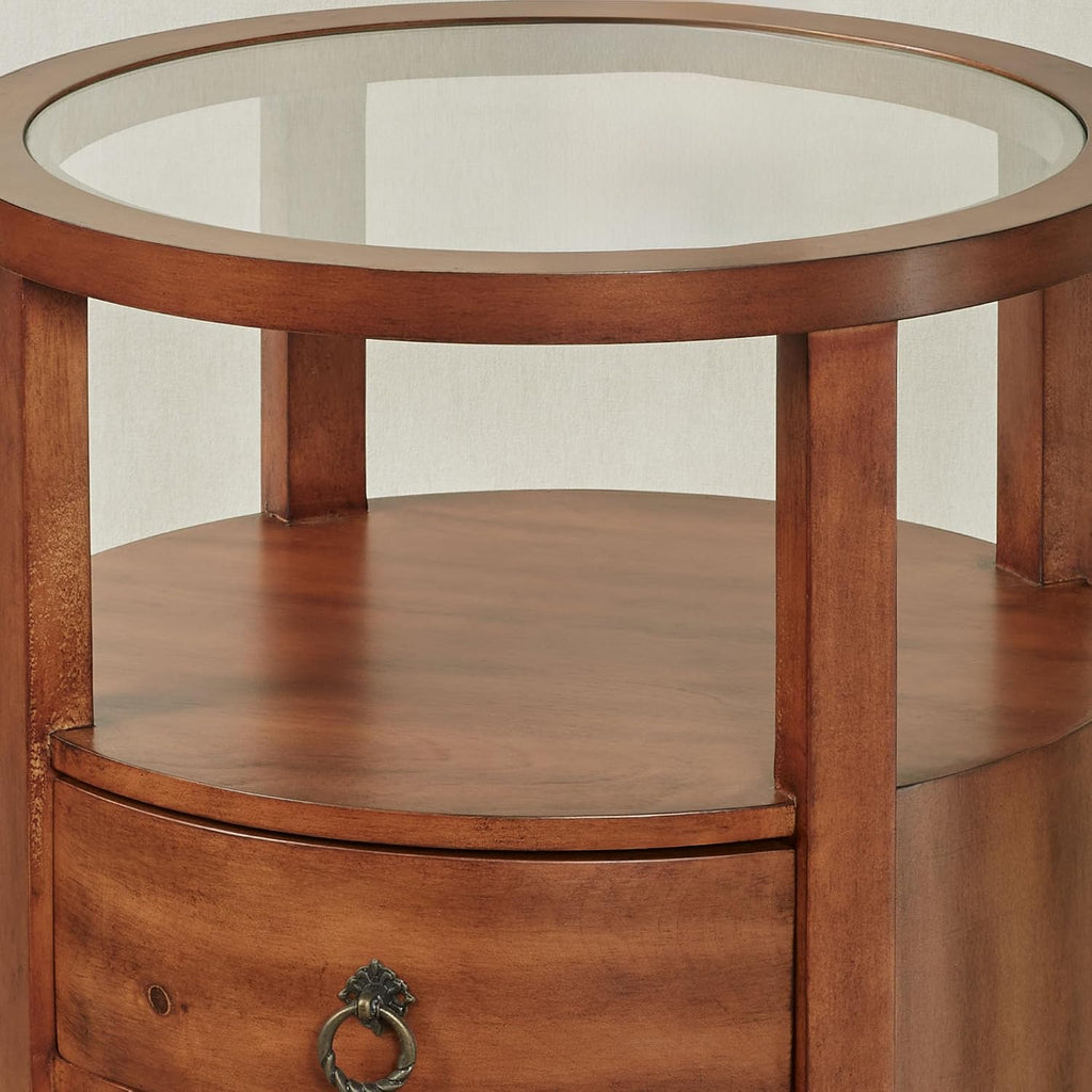 Louis Round Side Cabinet | Regal Walnut Finished Wooden Furnishing | Two Storage Drawers, Open Display Area Shelf, & Clear Glass Tabletop | Circle Wood End Table Furniture | No Assembly Is Required