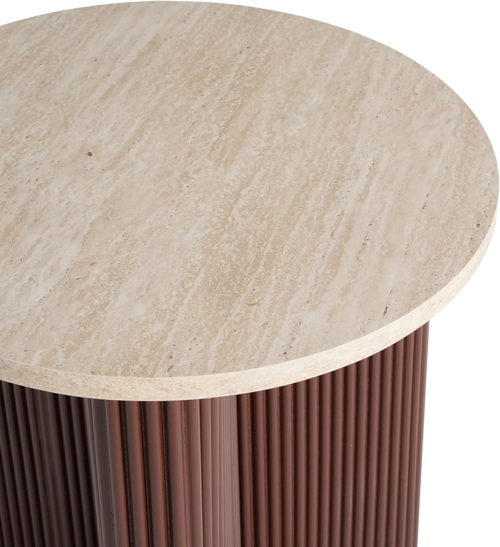 Merax Modern Round Side Table with Faux Marble Top & Brown Ribbed Base - Compact Round Coffee Table with Wooden Fluted Legs - 17.8' Accent End Table for Living Room & Bedroom, Brown