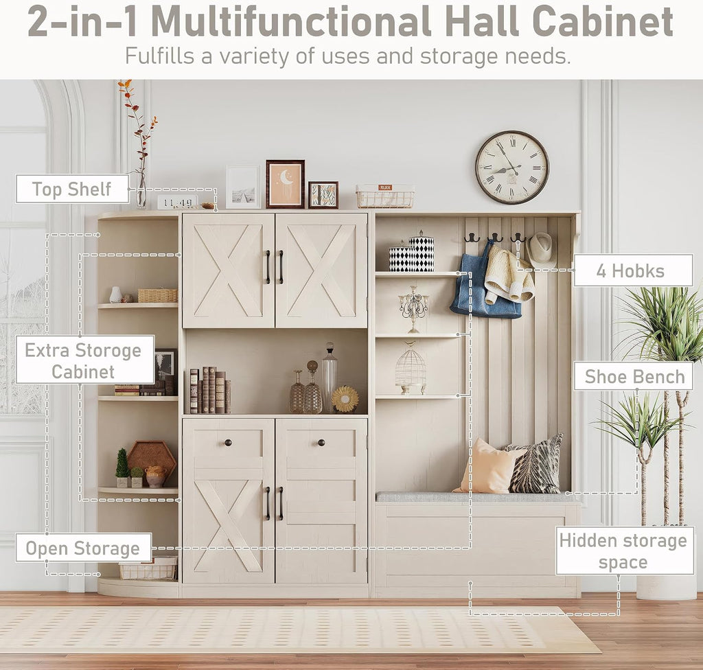 Multifunctional Hall Tree with Shoe Bench & Storage Cabinet,2-in-1 Left-Right L-Shaped Corner Entryway Cabinets with Coat Rack & Open Shelves,Modern Storage Organizer for,Living Room (Beige)
