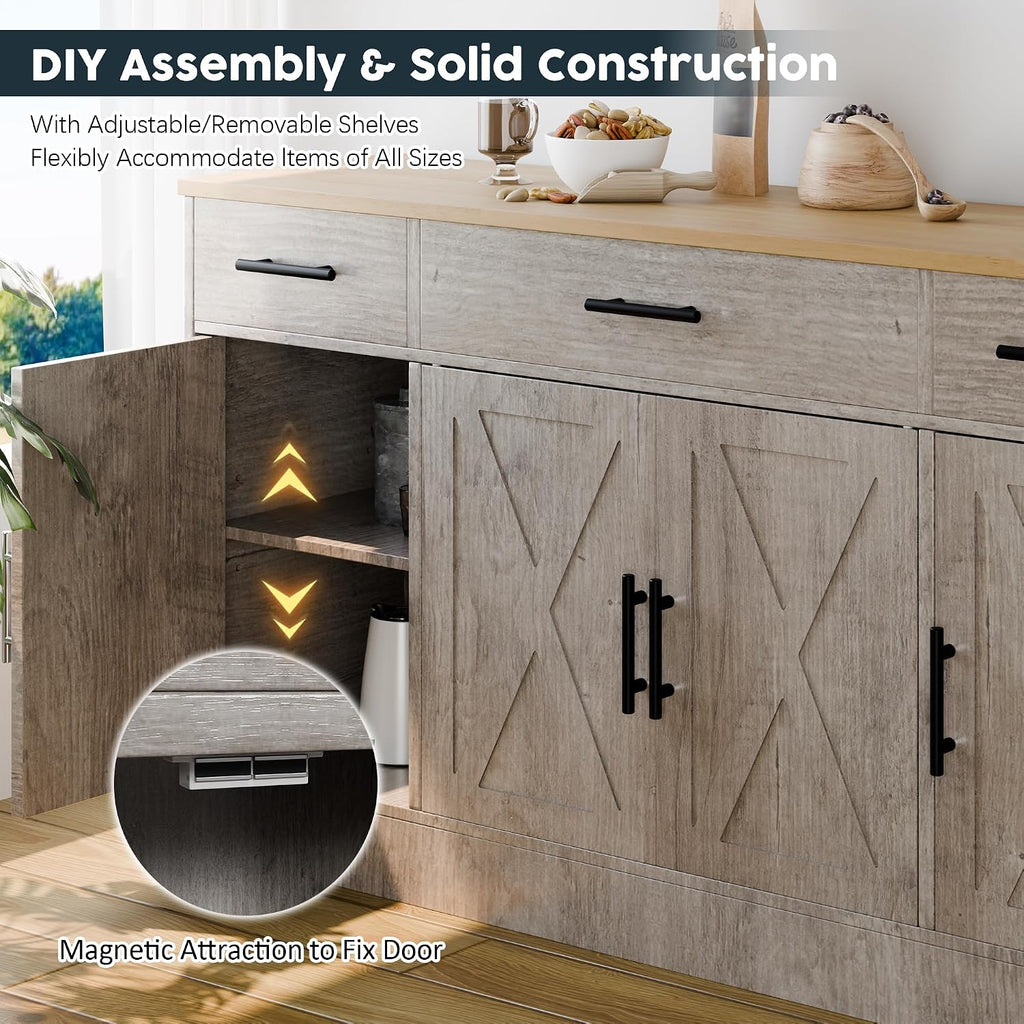 SUNLEI Kitchen Storage Cabinets, Farmhouse Buffet Cabinet with 4 Doors and 3 Drawers, Sideboard Small Storage Cabinet with Adjustable Shelf, for Kitchen, Dining Room & Living Room, Grey