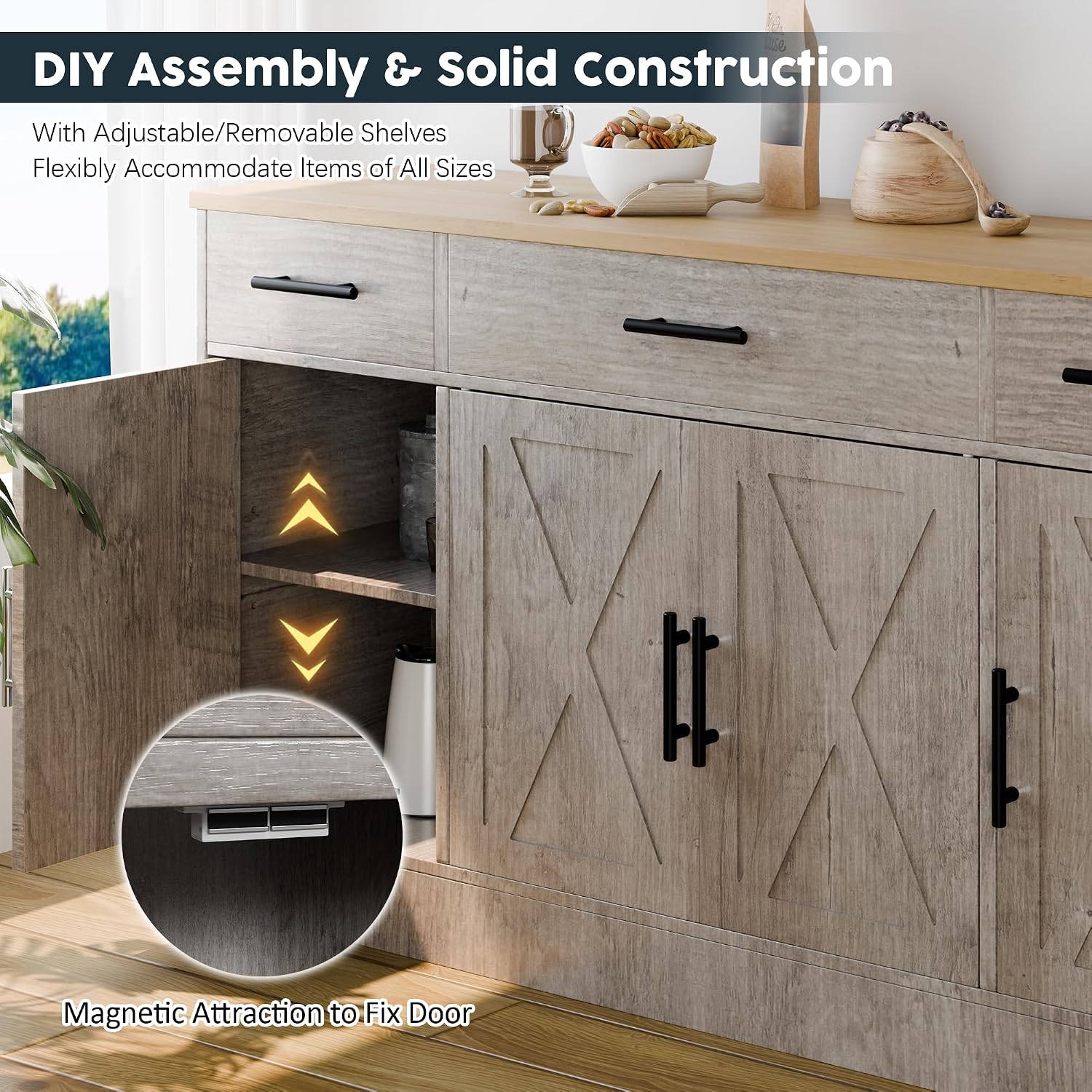 SUNLEI Kitchen Storage Cabinets, Farmhouse Buffet Cabinet with 4 Doors and 3 Drawers, Sideboard Small Storage Cabinet with Adjustable Shelf, for Kitchen, Dining Room & Living Room, Grey