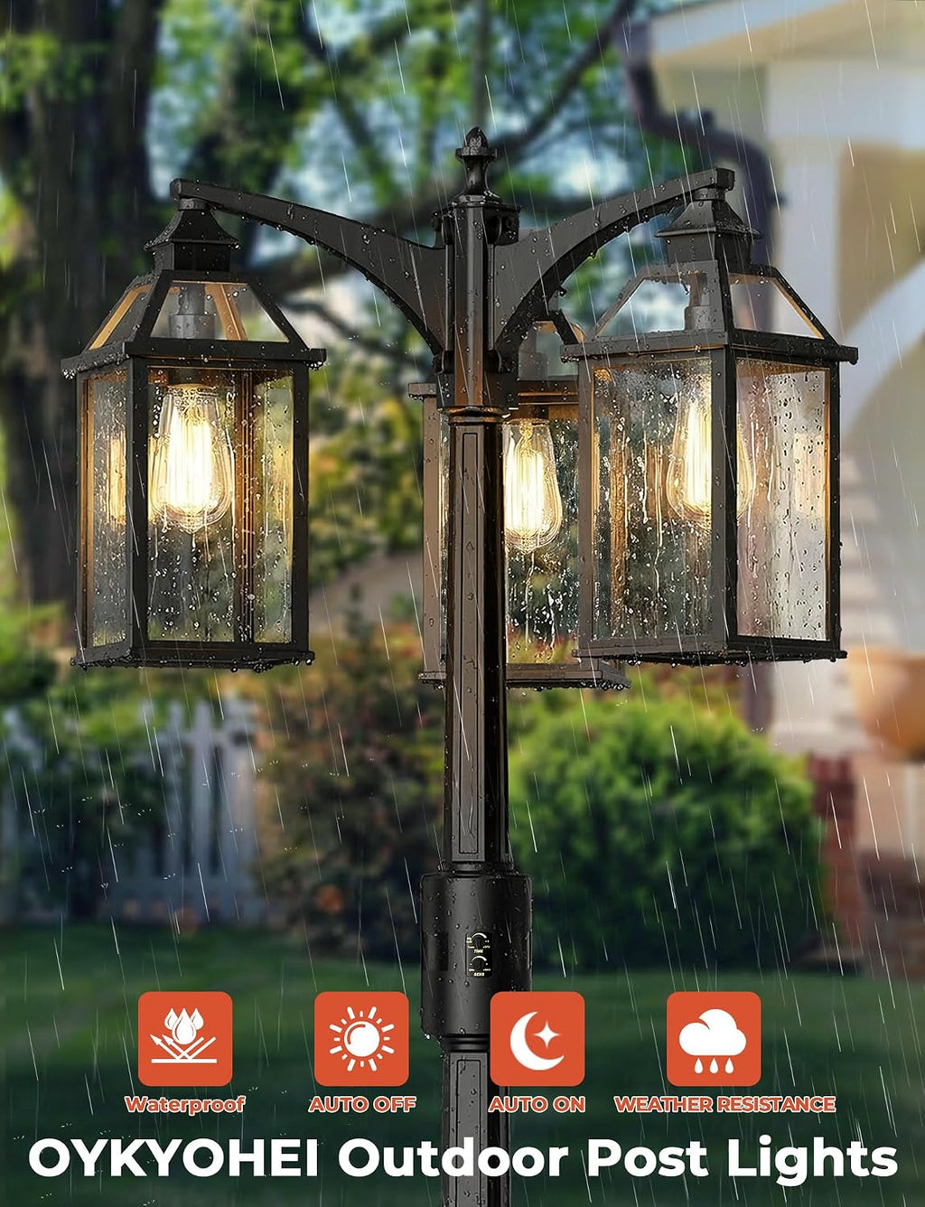 Outdoor Lamp Post Motion Sensor, Dusk to Dawn Pole Lights 3-Head, Classic Black 360°Detection Waterproof Anti-Rust Aluminum Street Lighting for Yard Backyard Patio Driveway