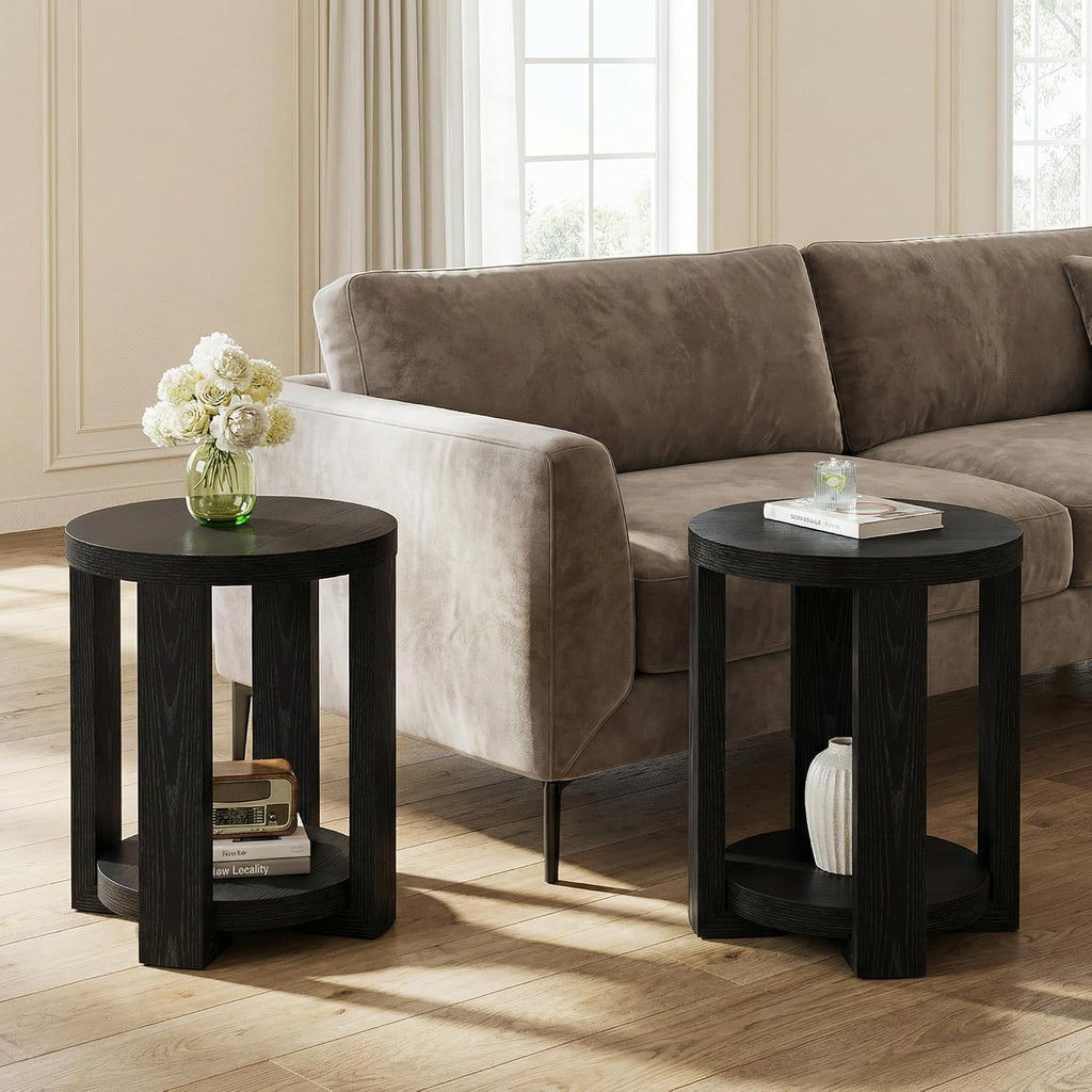 Tribesigns Round Side Table, 2-Tier End Table for Living Room & Bedroom, Small Accent Table with Storage Shelf (2, Black)