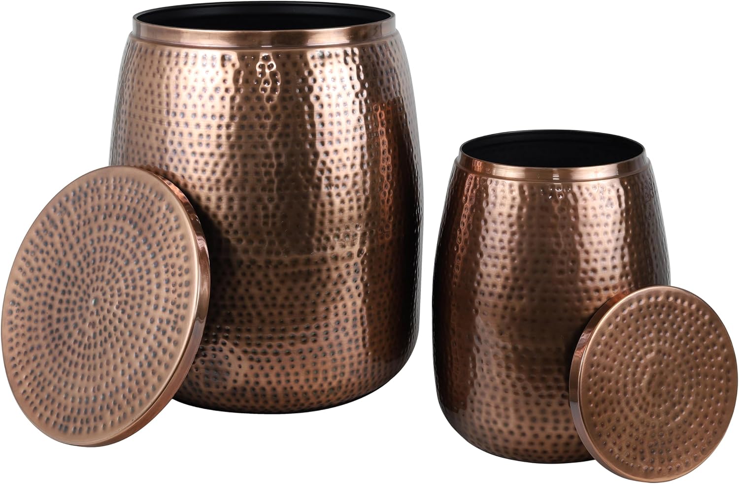 happimess SSL2002C-2SET Merida Modern Rustic 2-Piece Hammered Metal Drum Storage Side Tables with Lids, End Table for Decoration in Living Room, Bedroom, Bathroom, Antique Copper